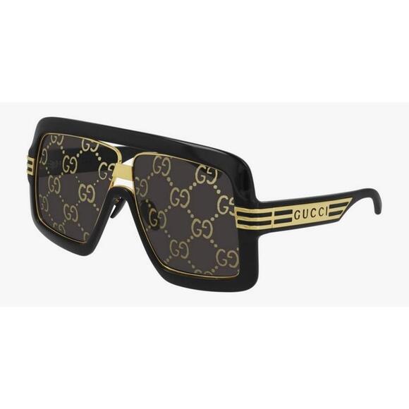 Gucci GG0900S Shield Sunglasses – Black & Gold Monogram with Logo Lens Detailing